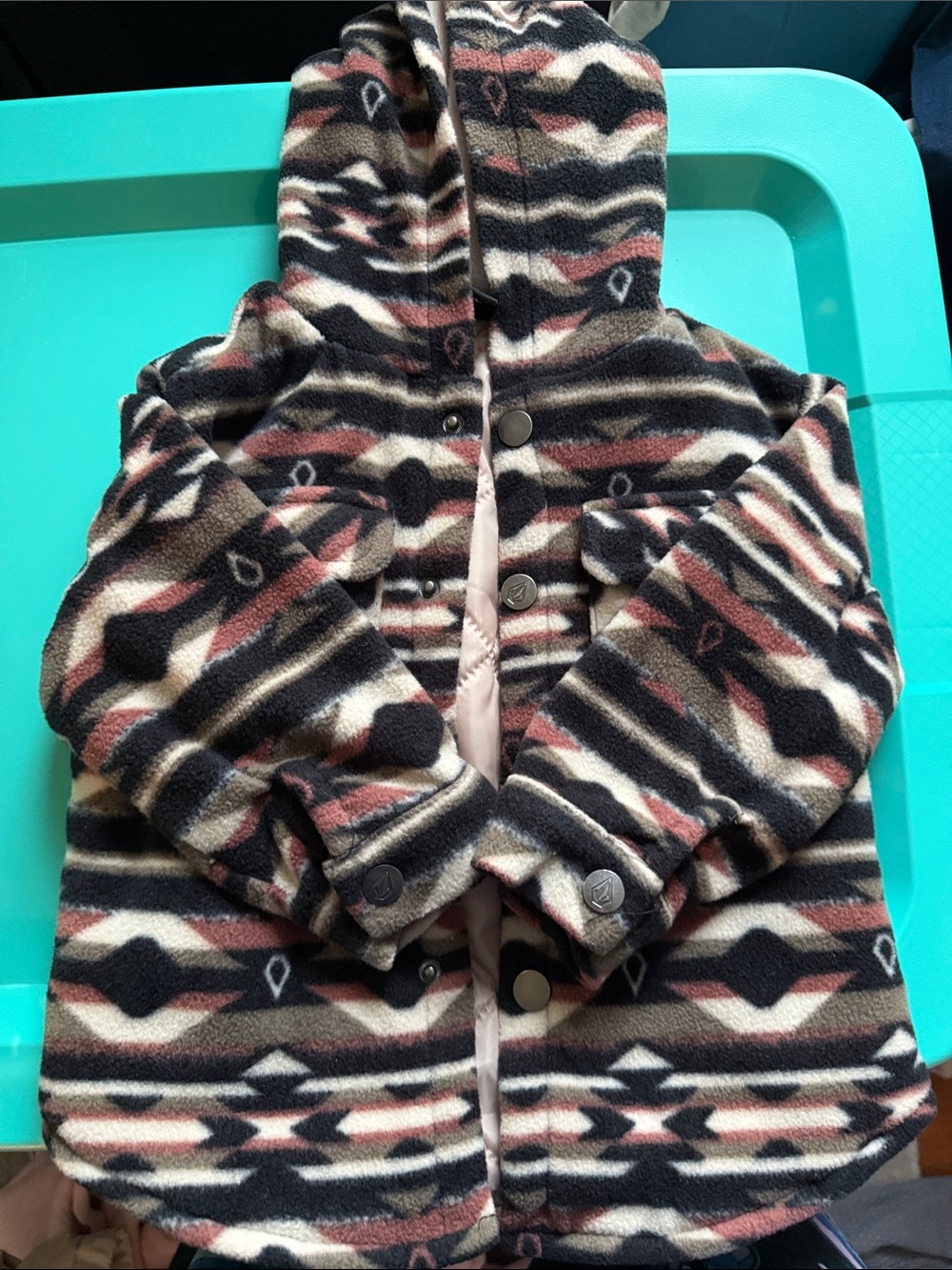 Volcom Girls' Hooded Fleece Jacket in Black, Cream & Pink